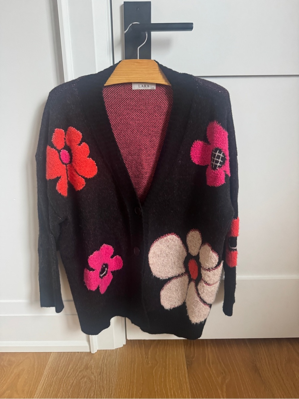 LARA Black Cardigan Sweater with Pink, Red and Cream Floral Intarsia